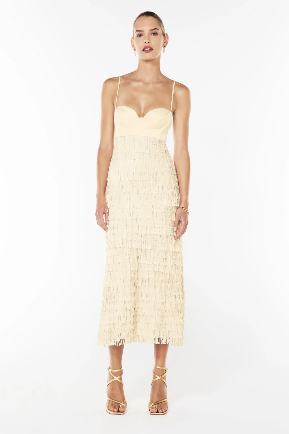 High touch fringe slip dress, nougat