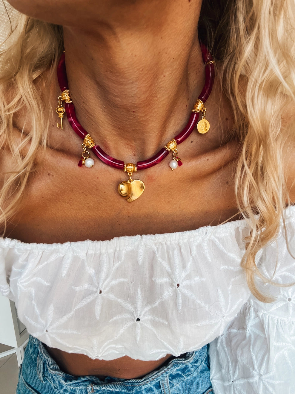 Resin tube necklace w/ charms, cherry red