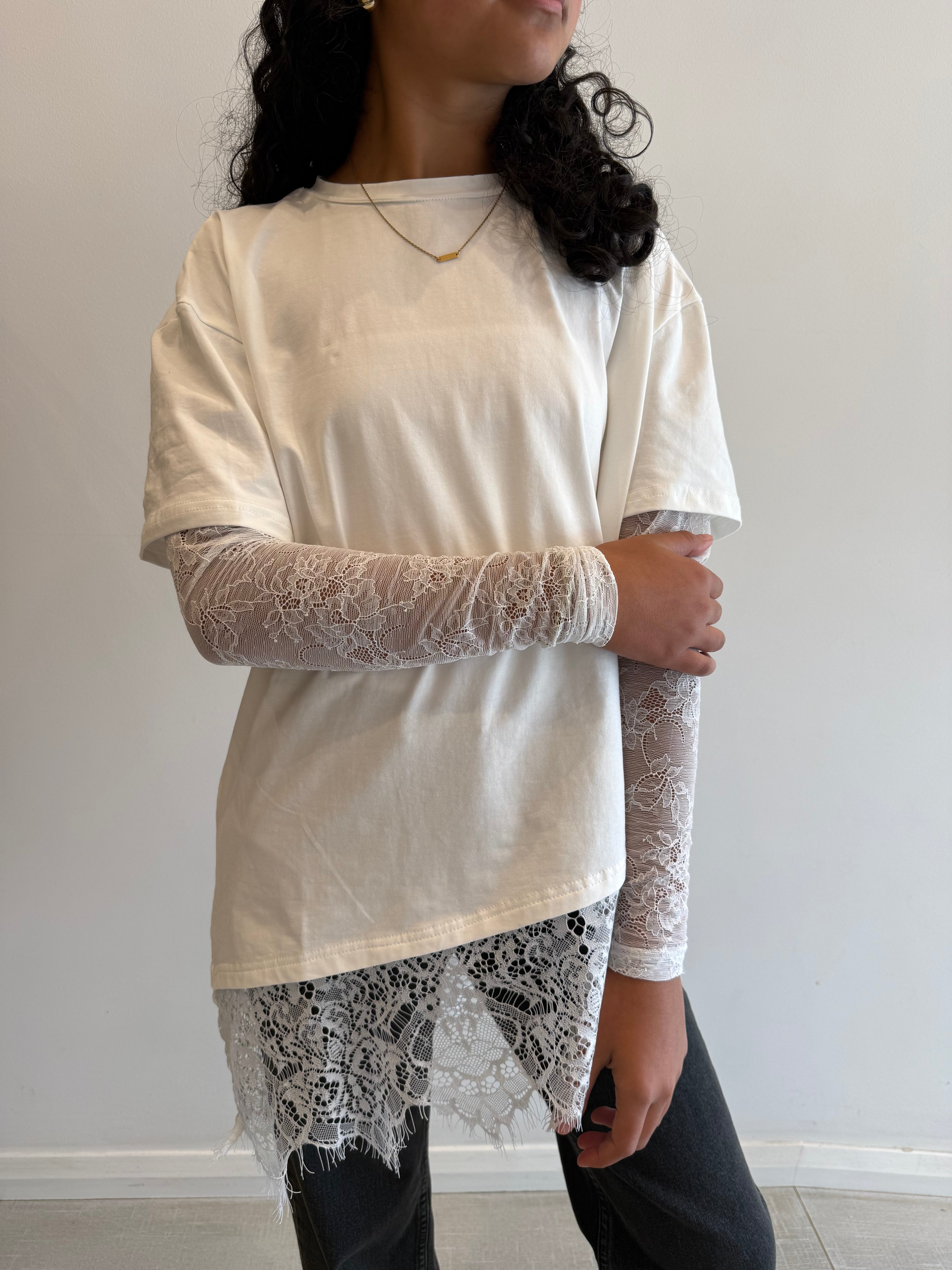 Lace sleeve tee, white