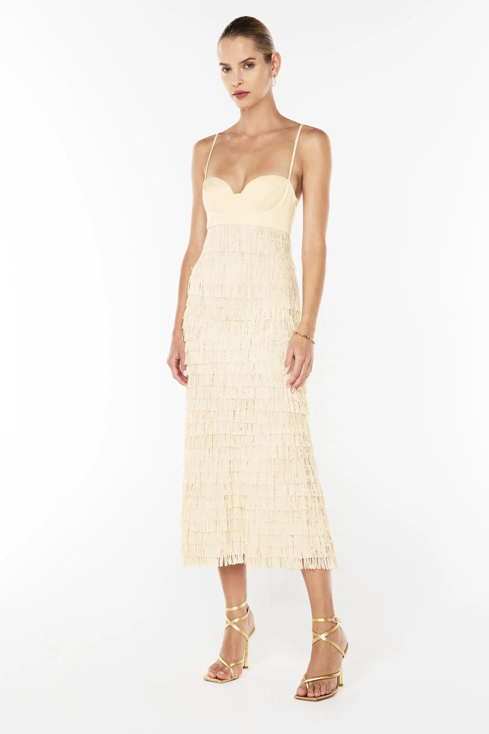 High touch fringe slip dress, nougat