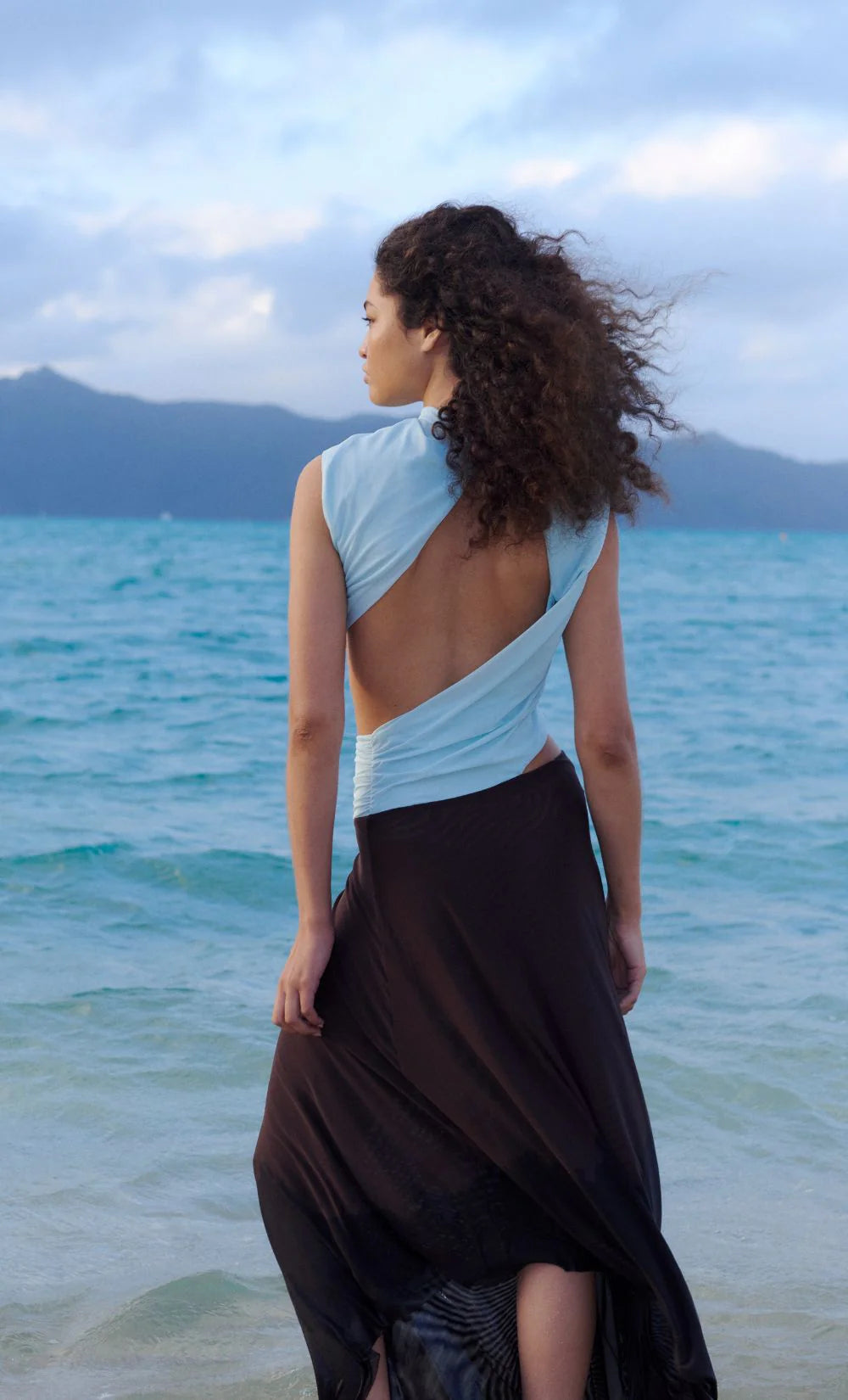 Conni asym midi dress, arctic blue/ dark choc