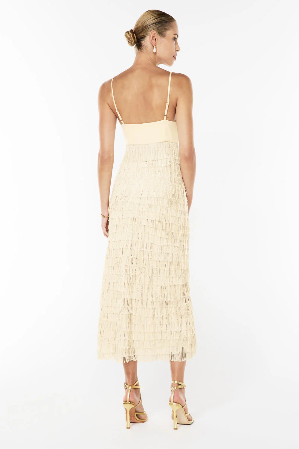High touch fringe slip dress, nougat