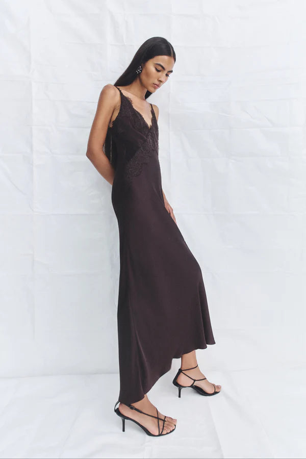 Simona lace slip maxi dress, espresso