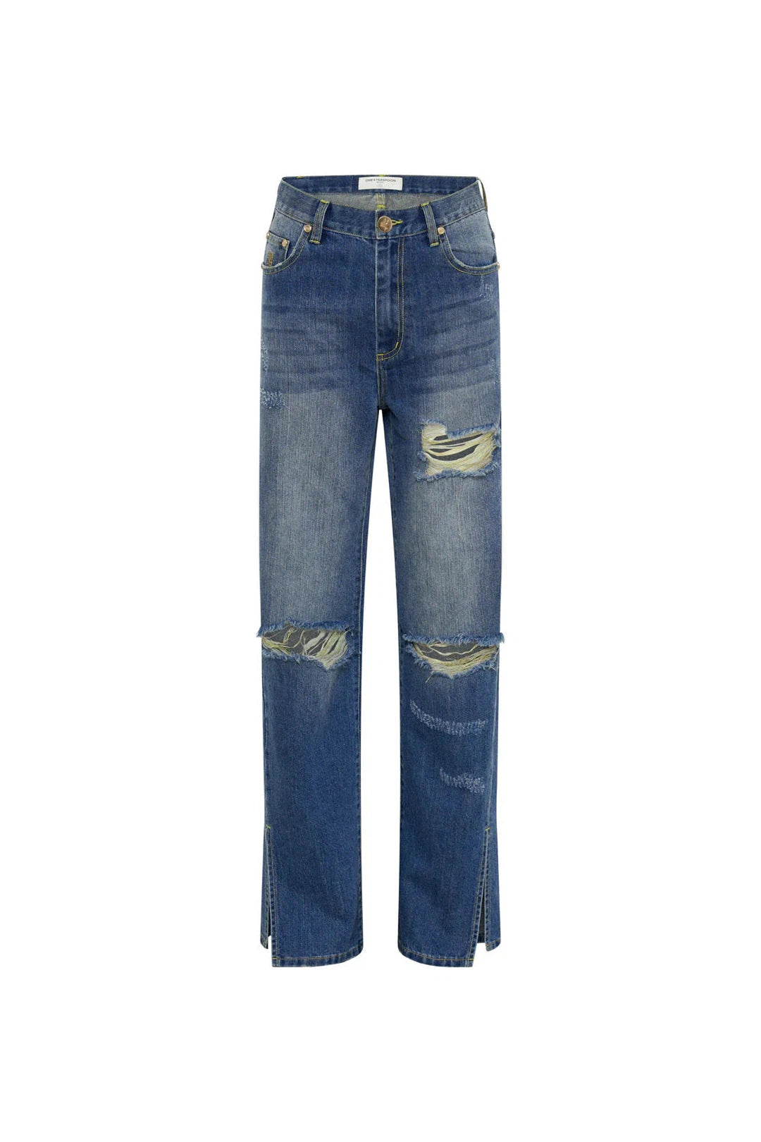 Shredded gold billie low slung straight leg denim