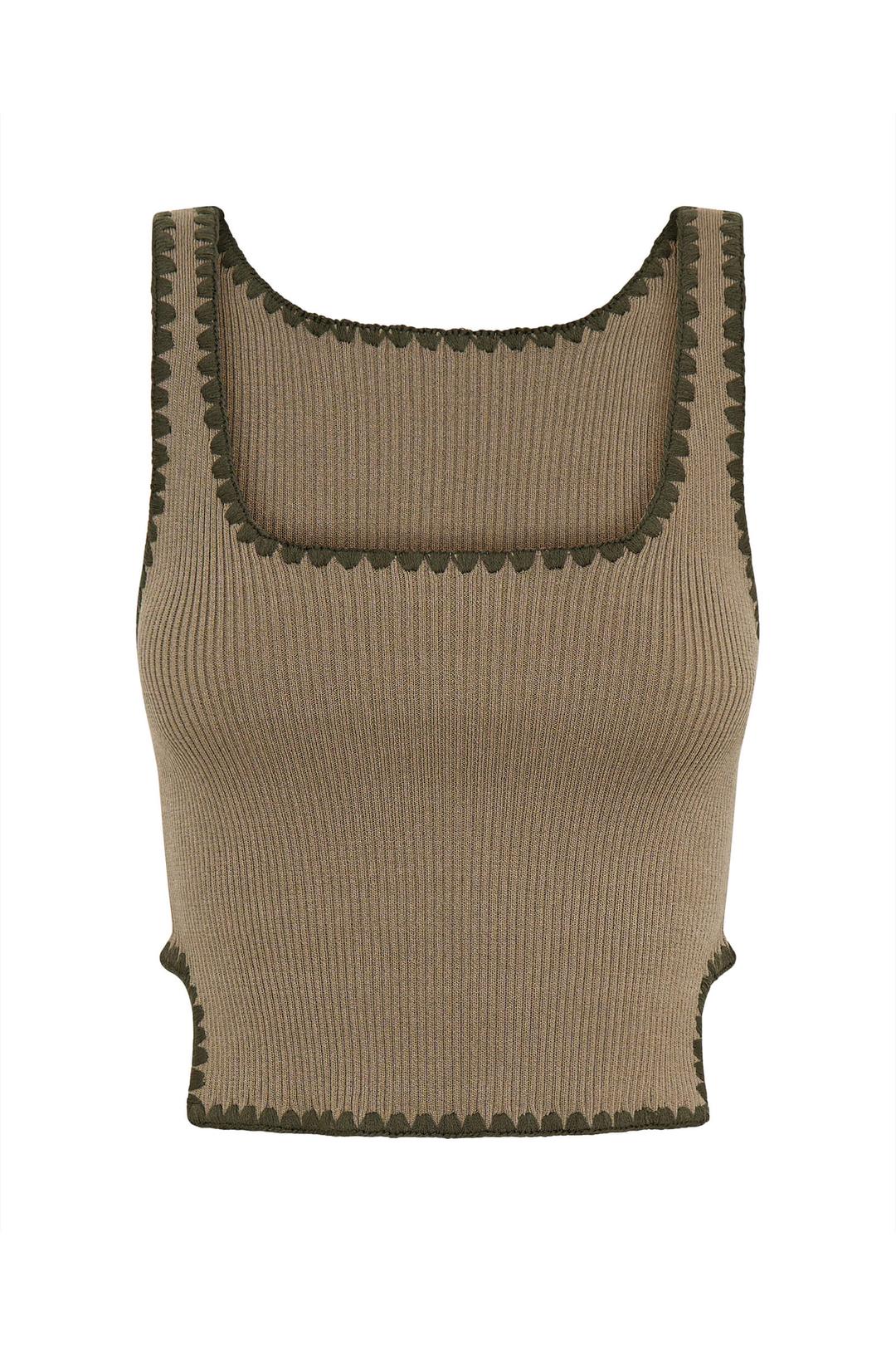 Knitted Scallop Tank Top - Khaki