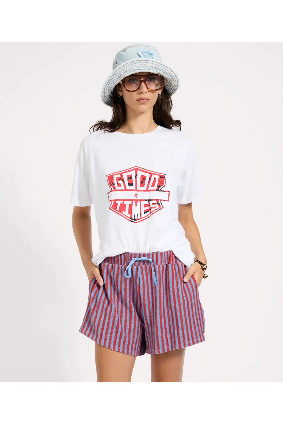 Terry Towel Drawstring Beach Shorts - Red Blue Striped