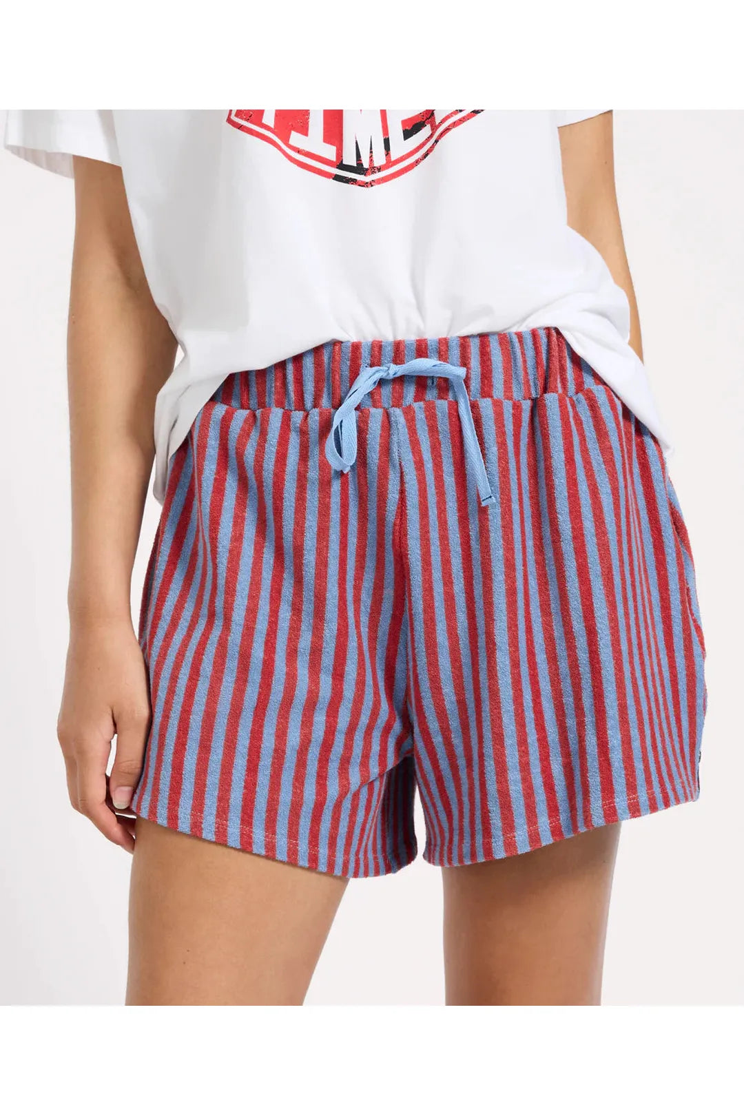 Terry Towel Drawstring Beach Shorts - Red Blue Striped