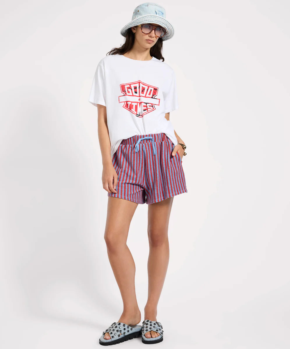 Terry Towel Drawstring Beach Shorts - Red Blue Striped