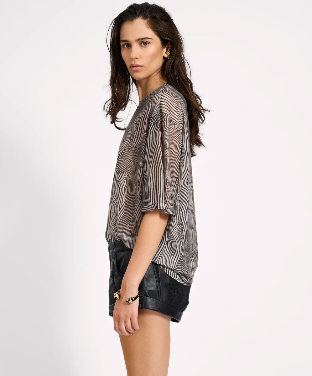 Mesh Striped Oversized Kobe Tee, Grey Zebra Print