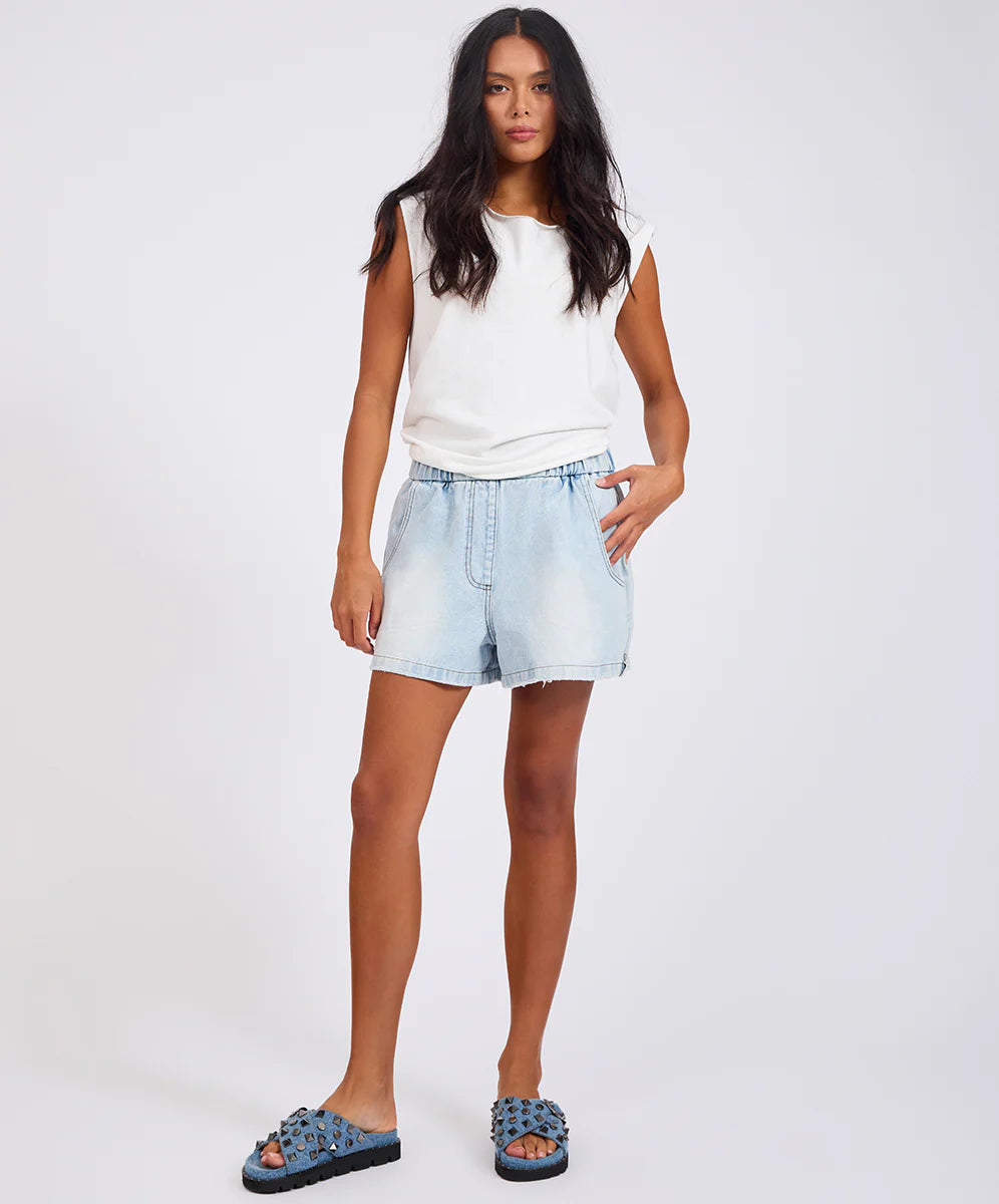Funks High Waist Elasticated Flippy Denim Shorts - Blue Latte