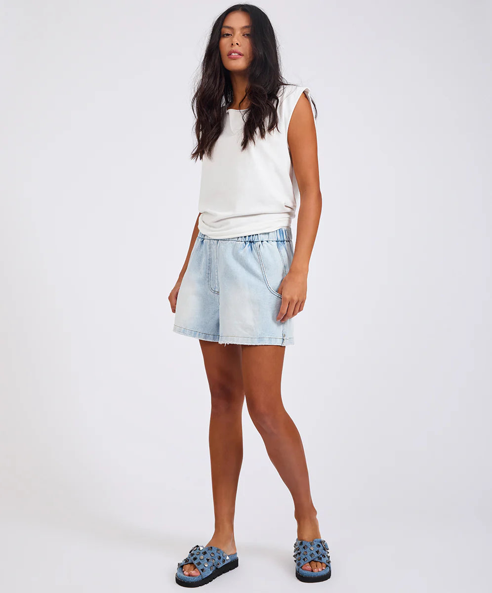 Funks High Waist Elasticated Flippy Denim Shorts - Blue Latte
