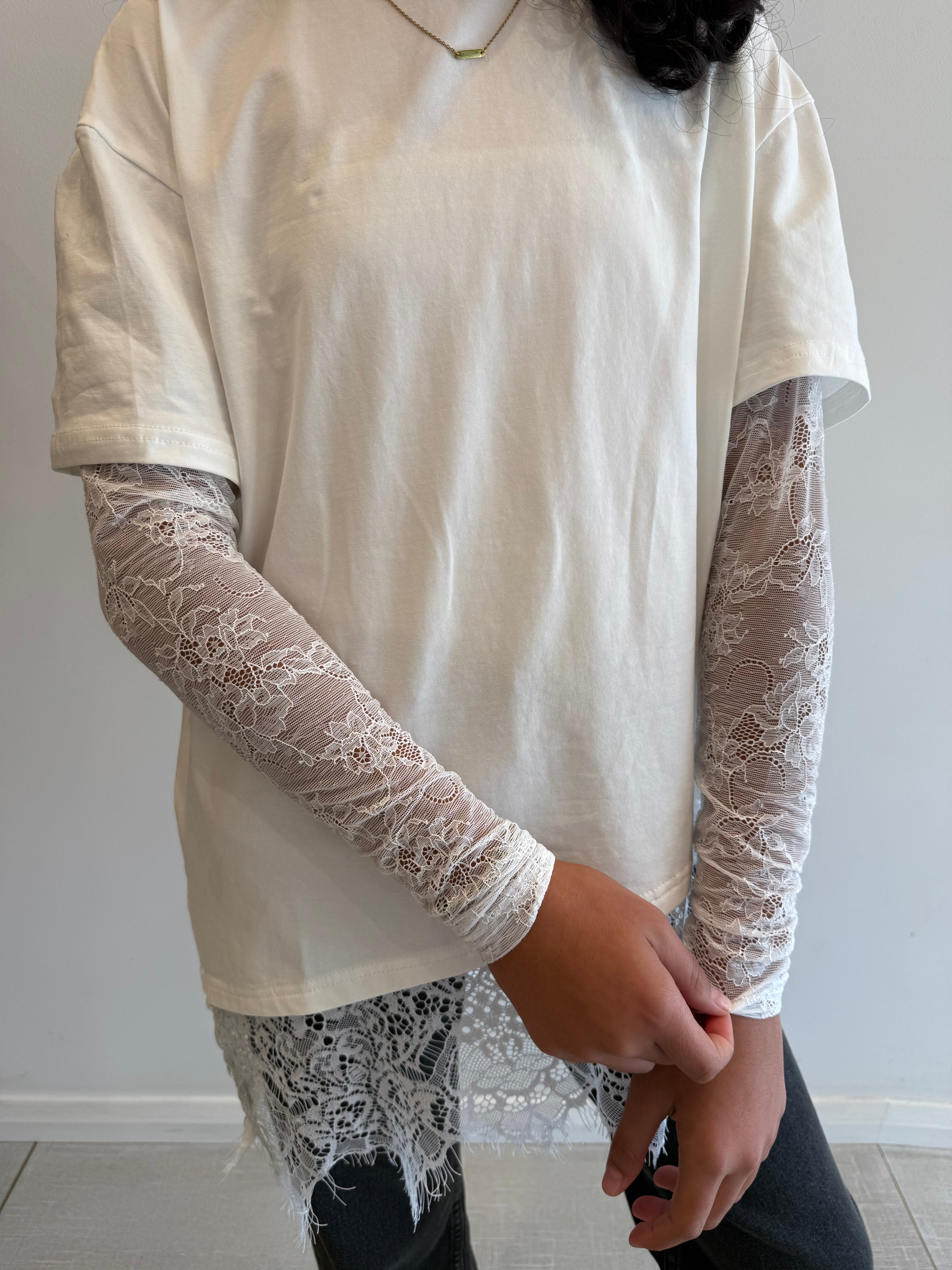 Lace sleeve tee, white