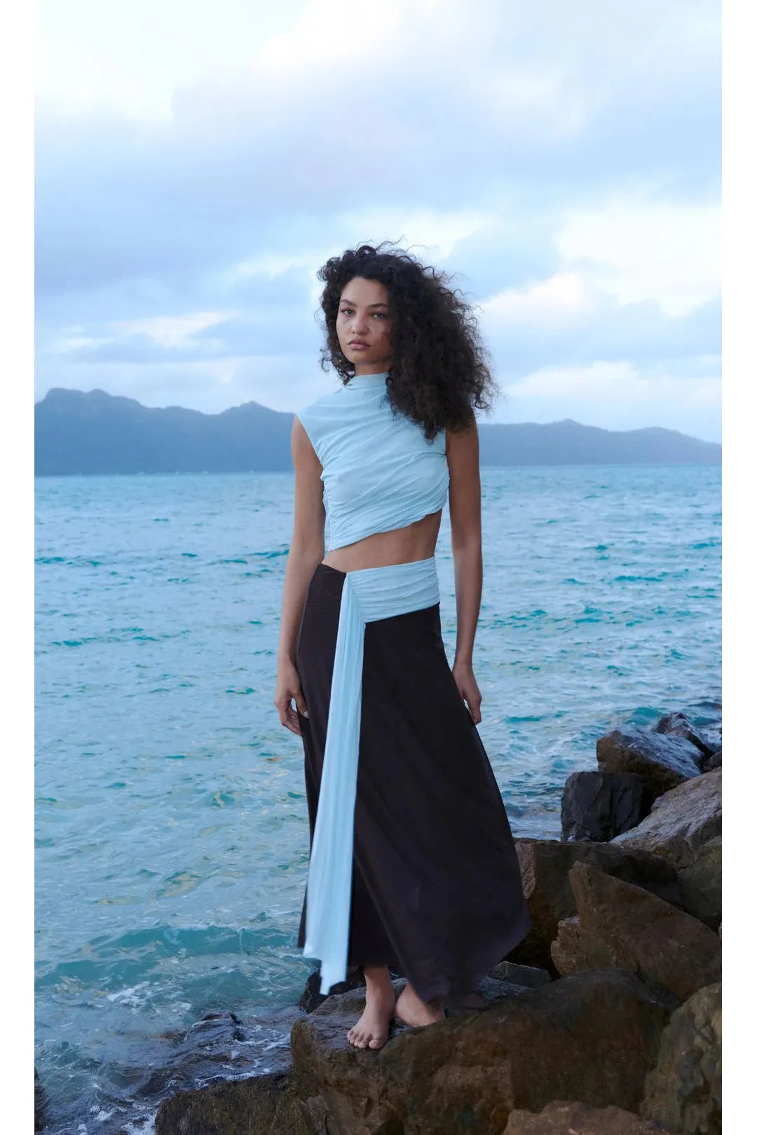 Conni asym midi dress, arctic blue/ dark choc