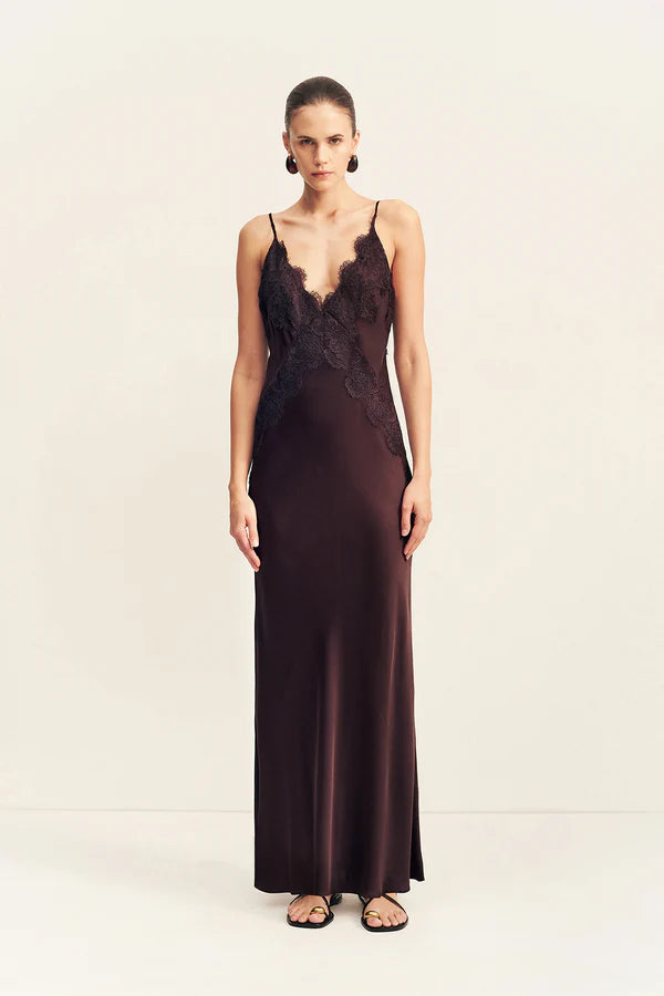 Simona lace slip maxi dress, espresso