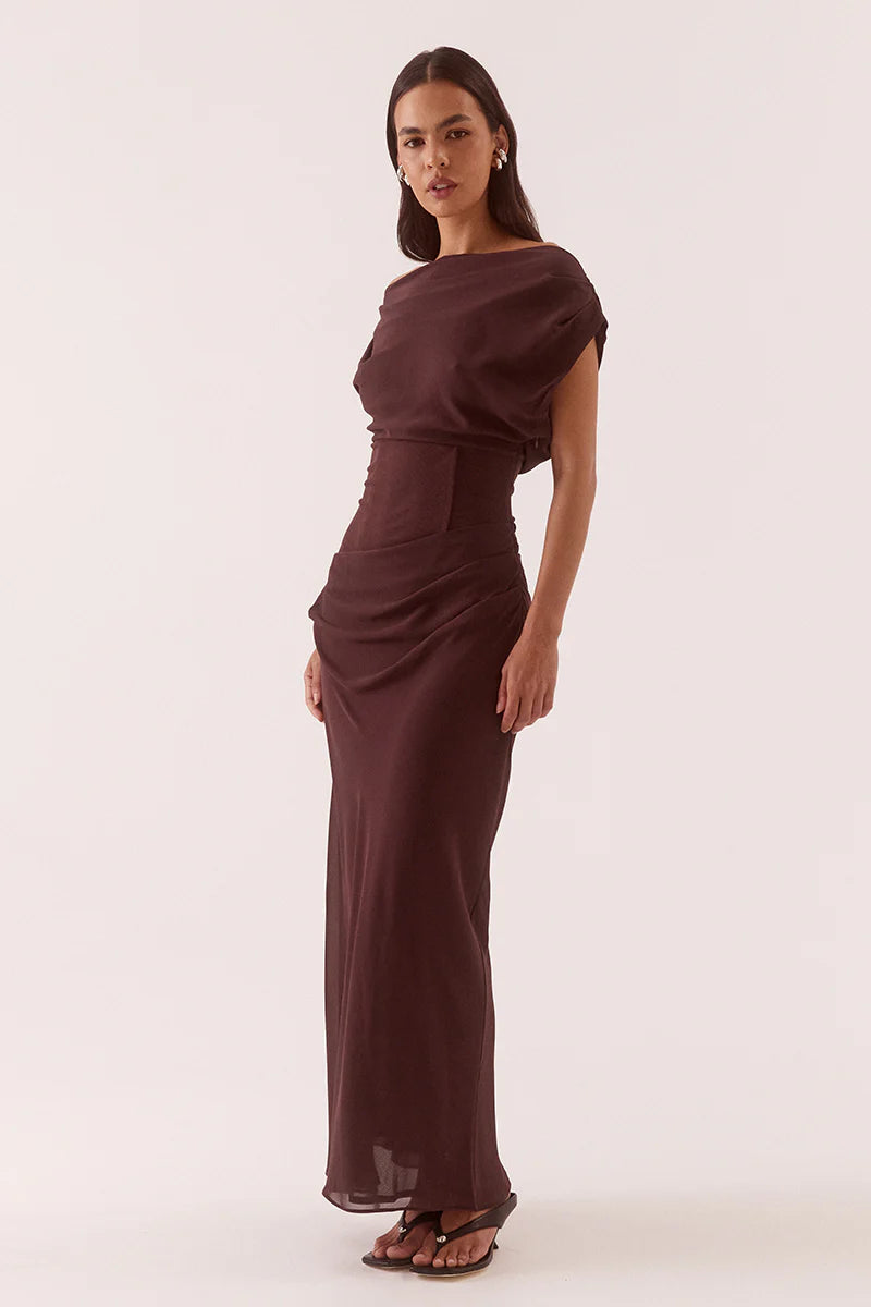 Ada off shoulder dress, chocolate