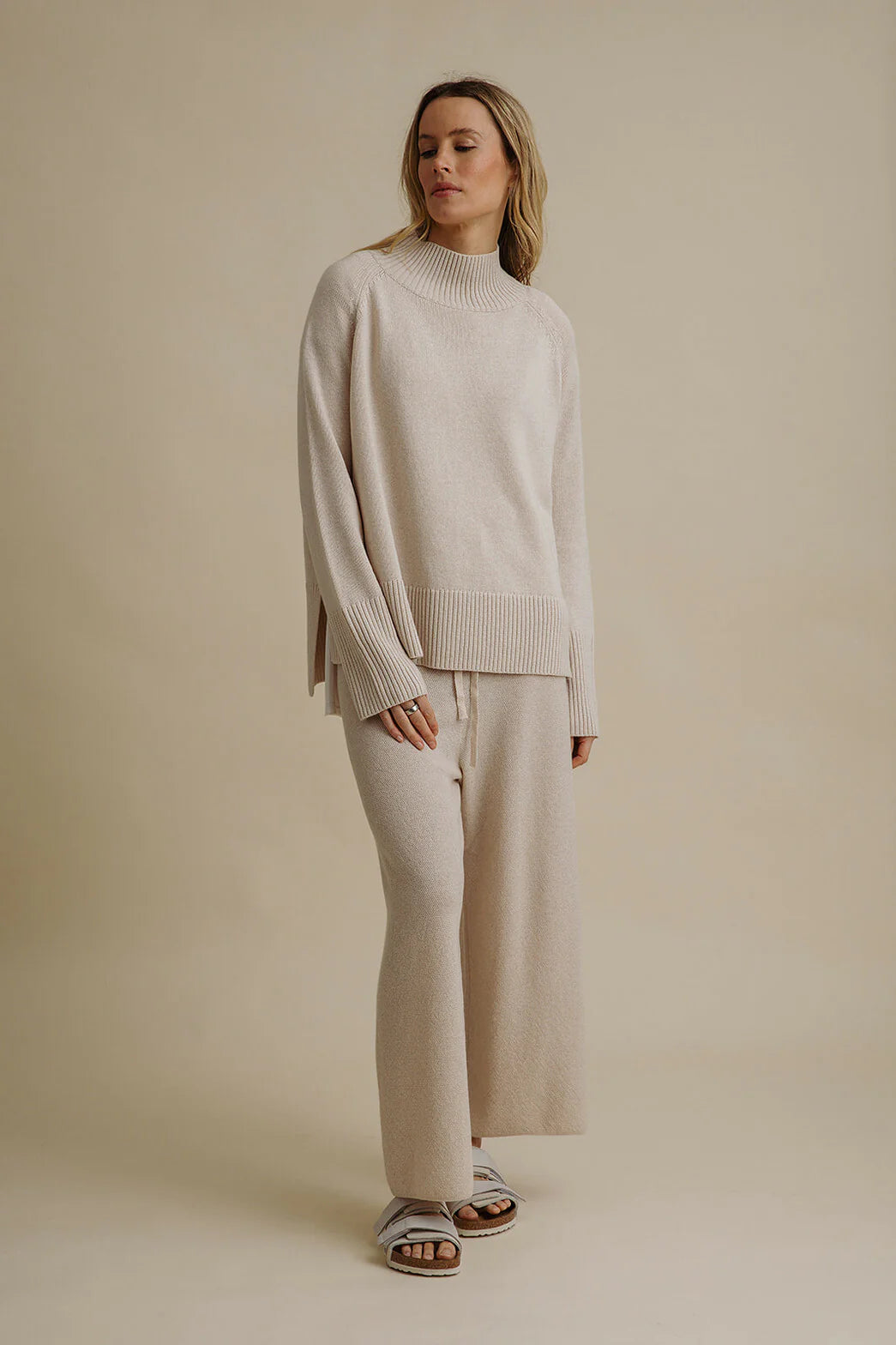 Harmony Merino Cotton Mock Neck Pullover, Nougat