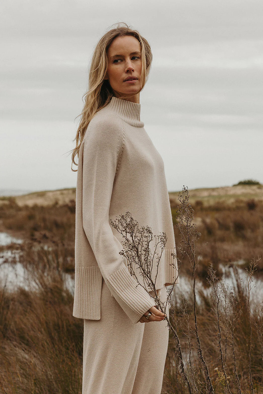 Harmony Merino Cotton Mock Neck Pullover, Nougat