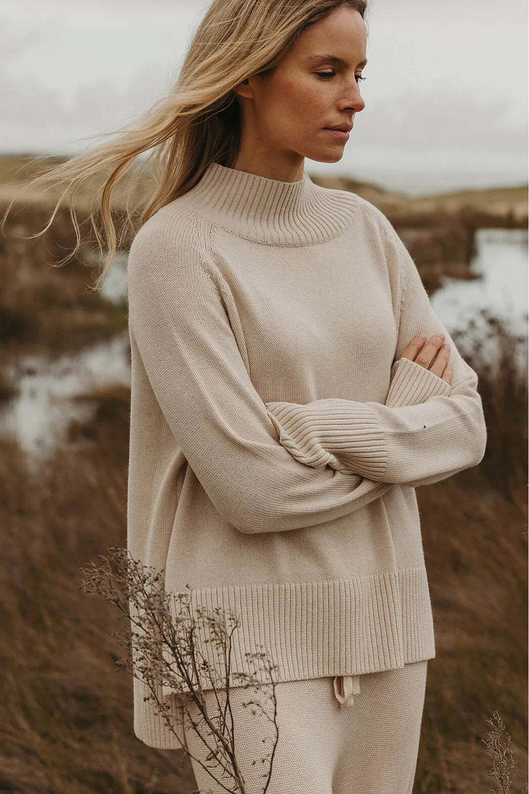 Harmony Merino Cotton Mock Neck Pullover, Nougat