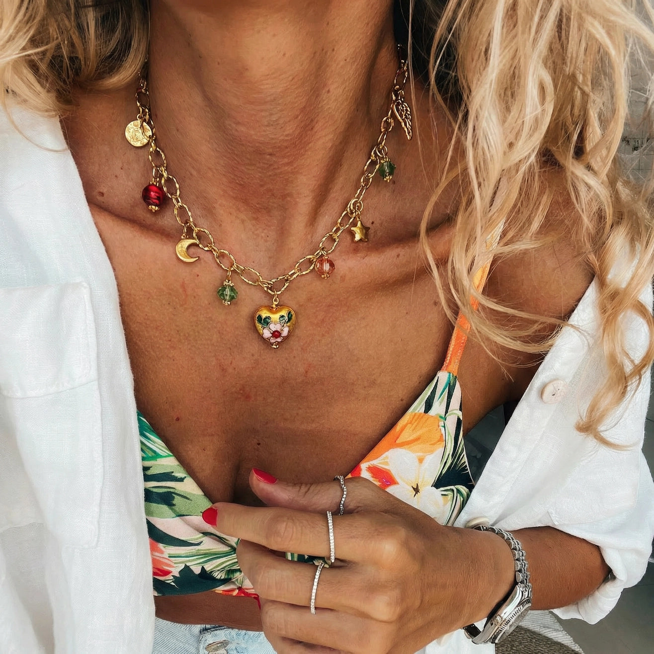 Enamel Clouazone Heart Charm Necklace, gold