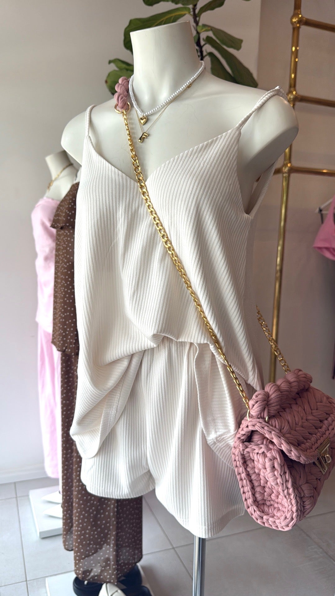 Knit singlet+ short set, cream