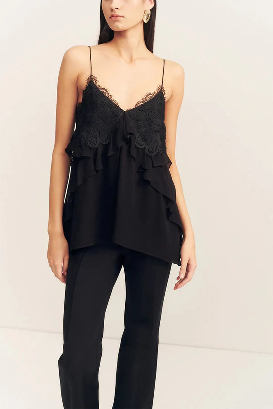 Emory lace ruffle cami - black