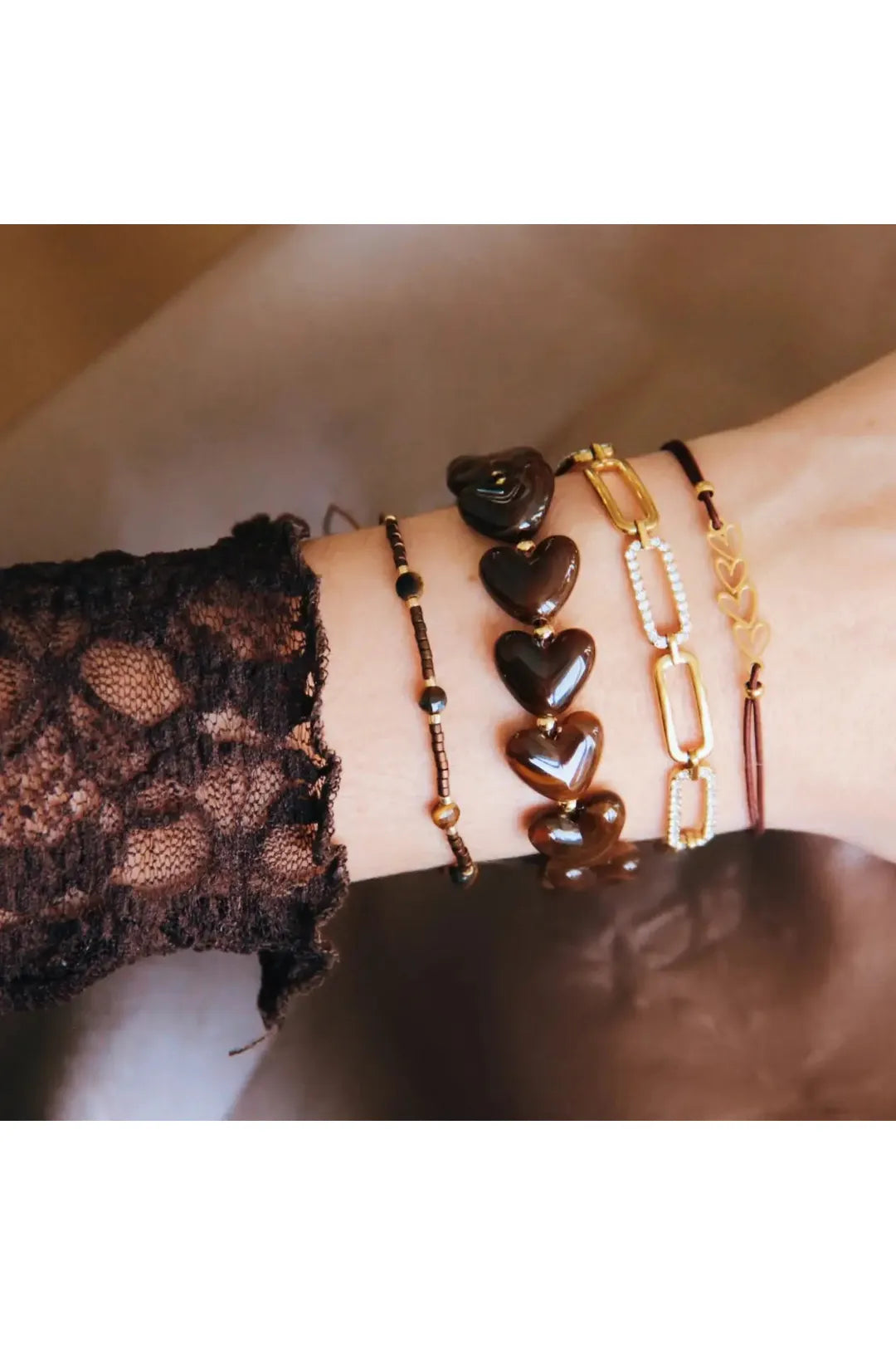 Resin beaded heart bracelet, brown