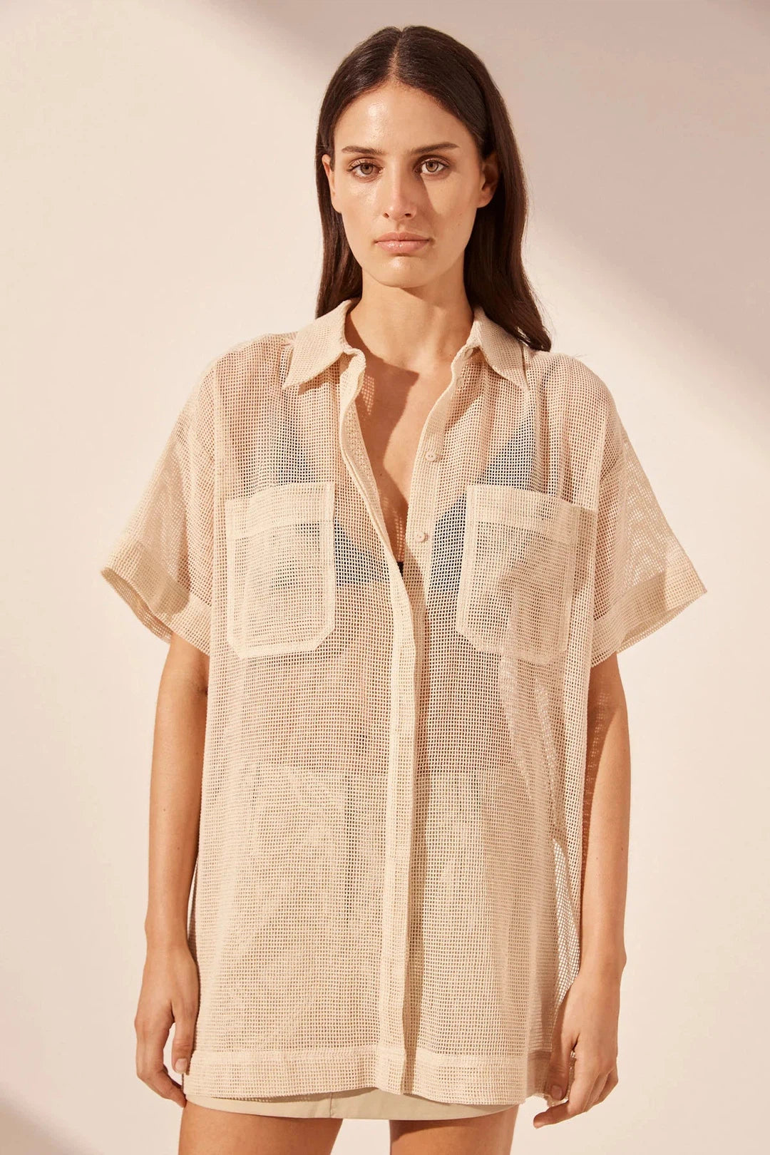 Valeria Short Sleeve Long Line Shirt - Oat
