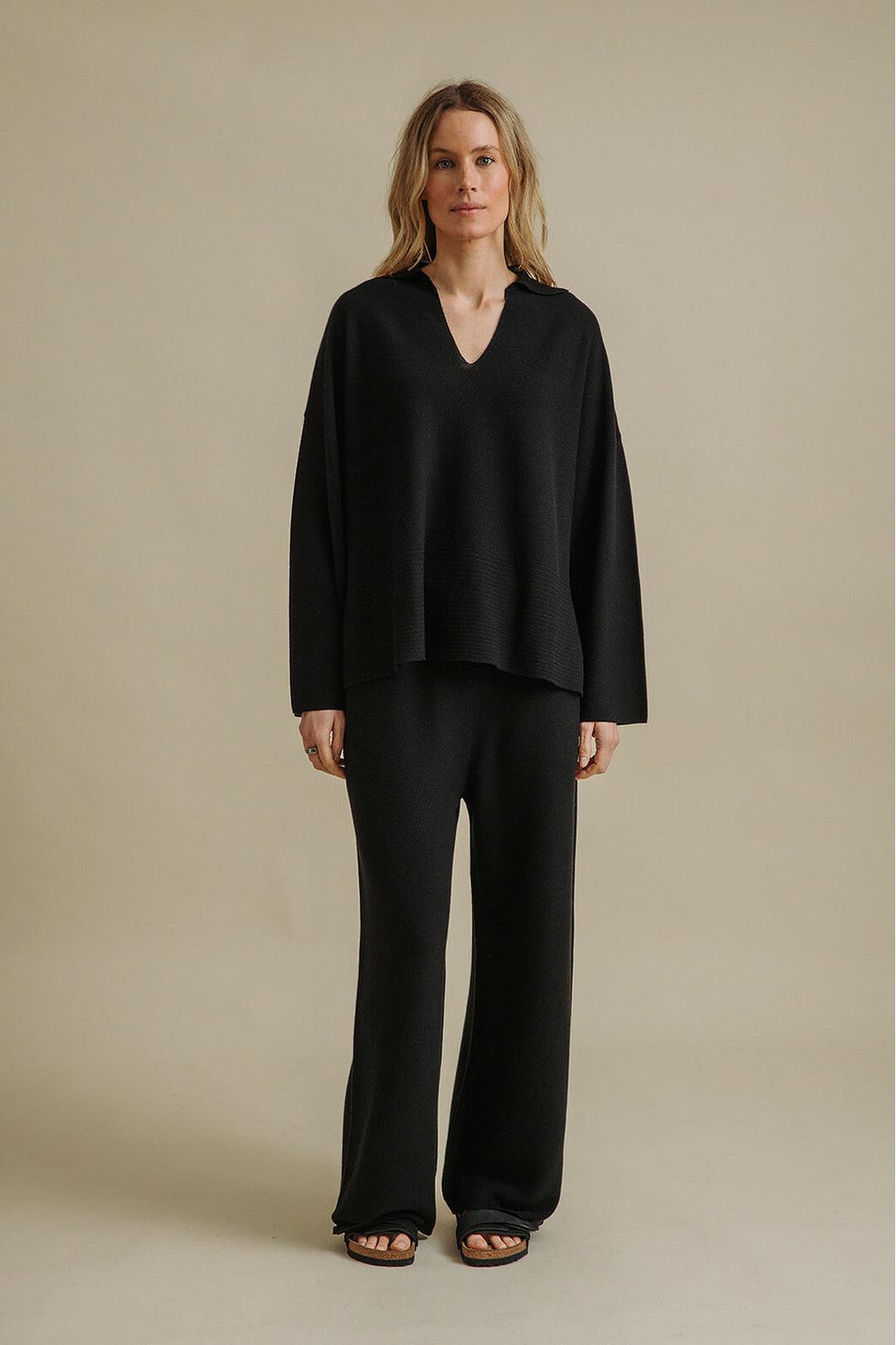 Grace Collared Merino Cotton Pullover, Black