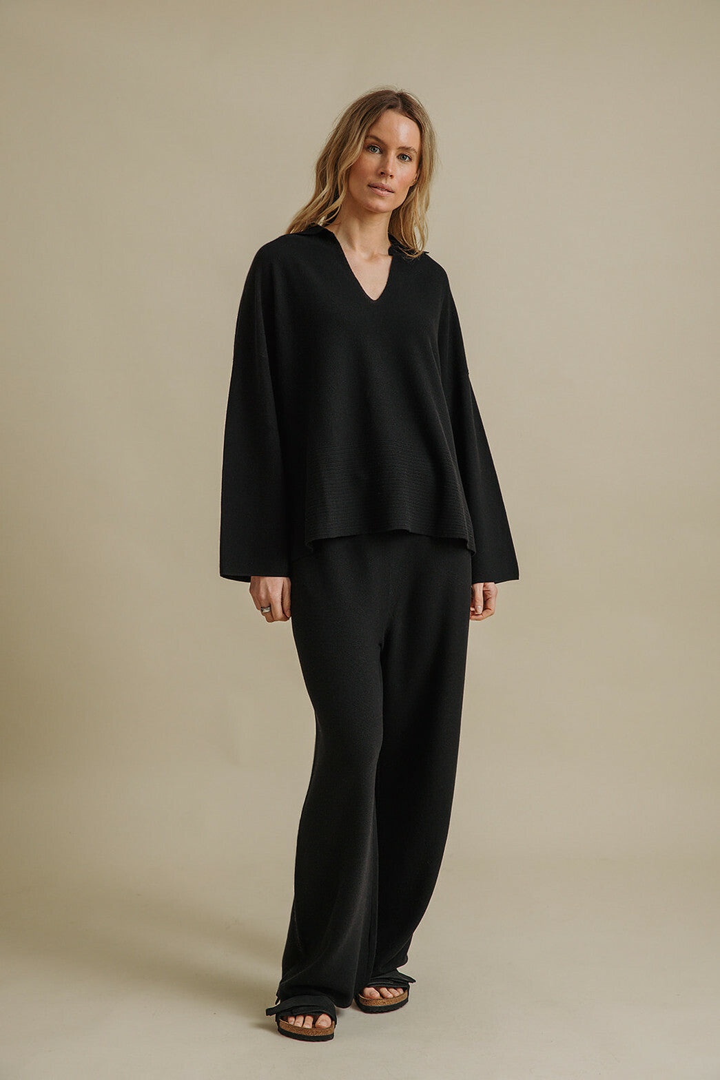 Grace Collared Merino Cotton Pullover, Black