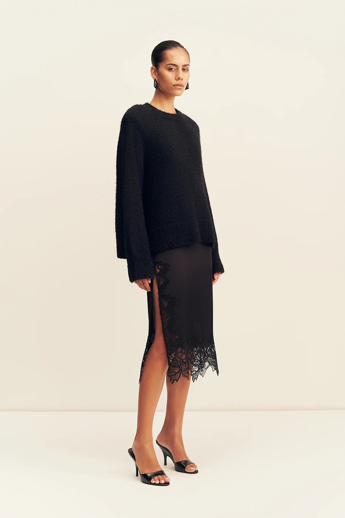 Eniko lace split midi skirt, black