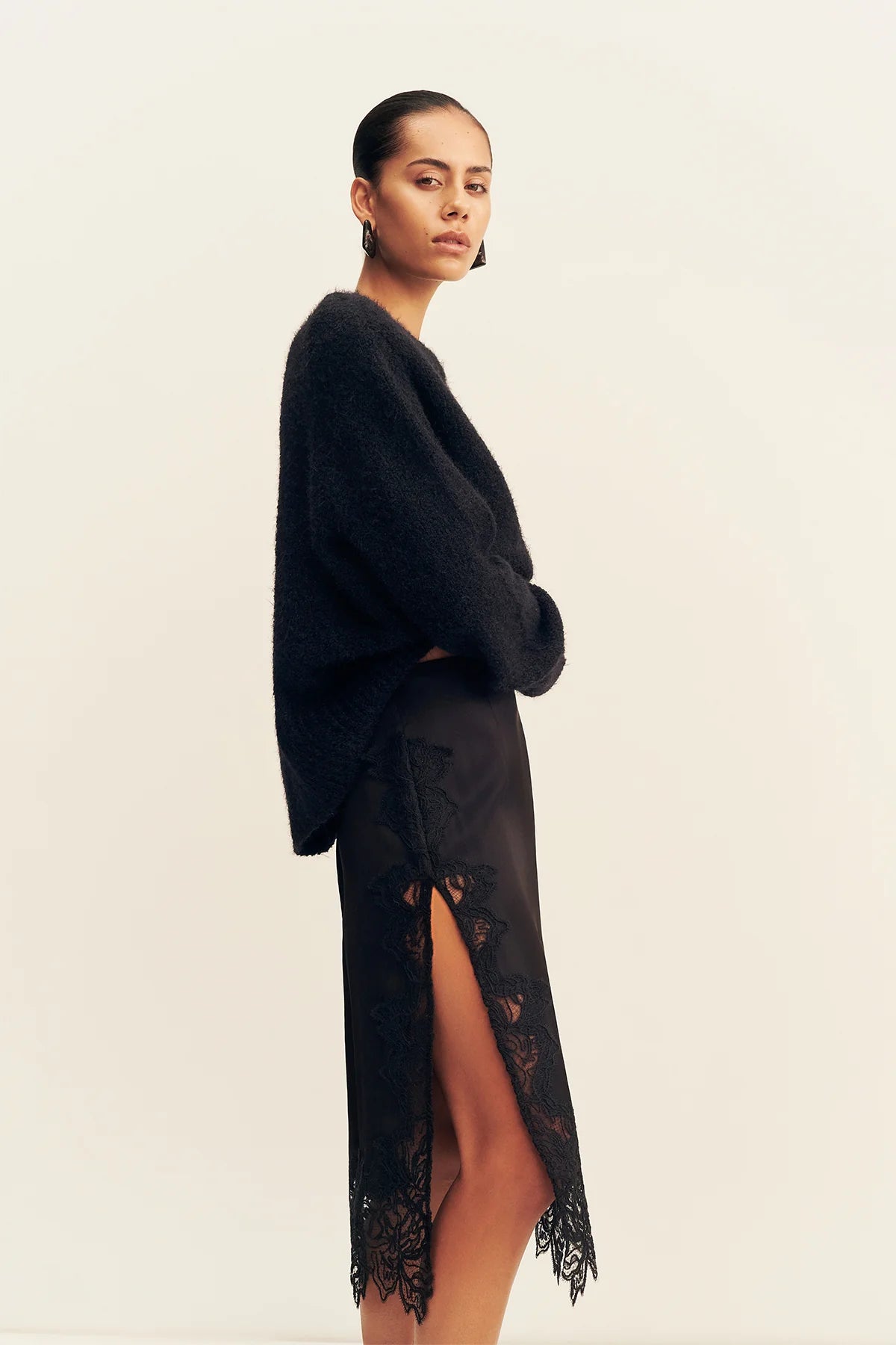 Eniko lace split midi skirt, black