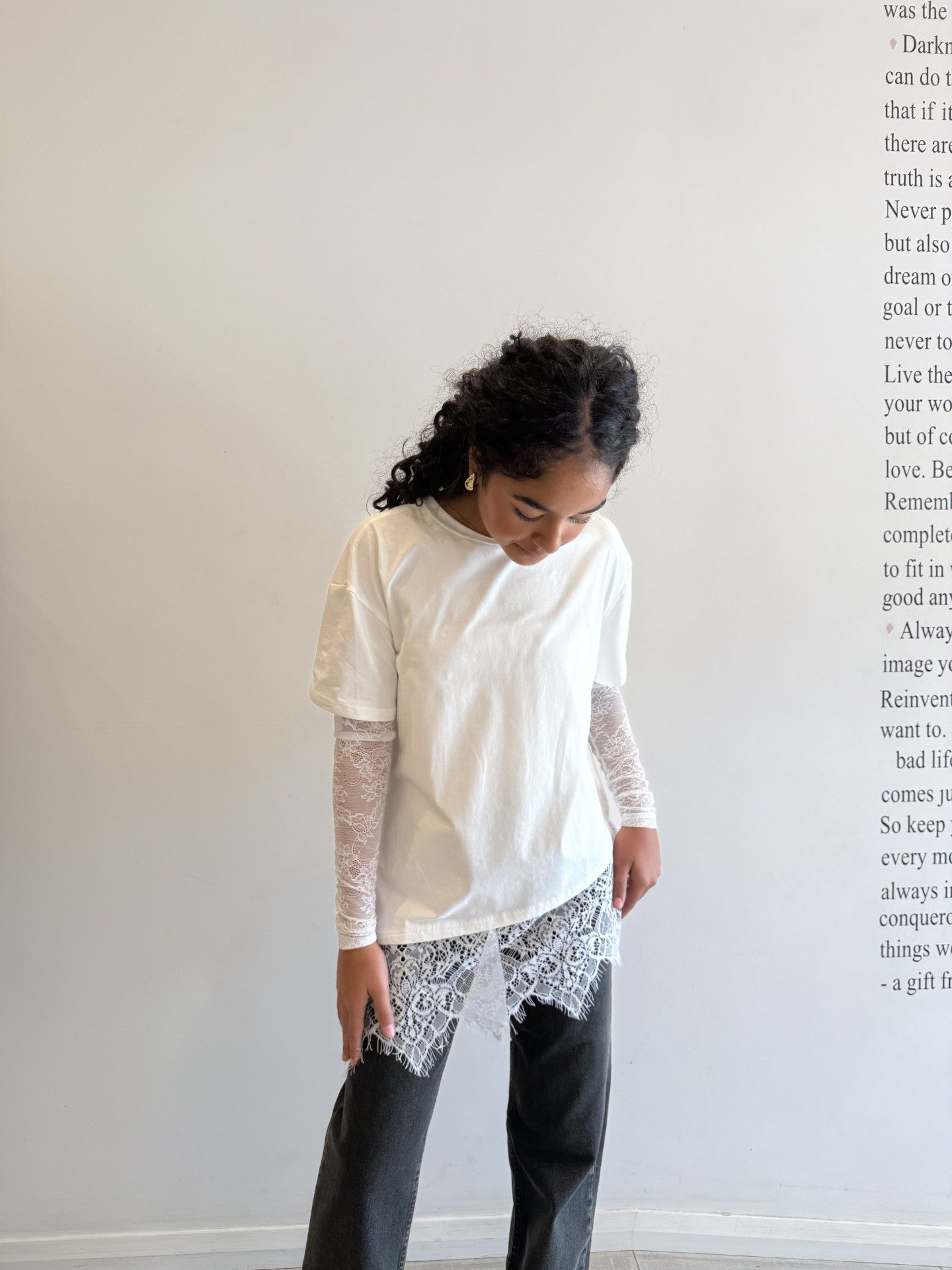 Lace sleeve tee, white