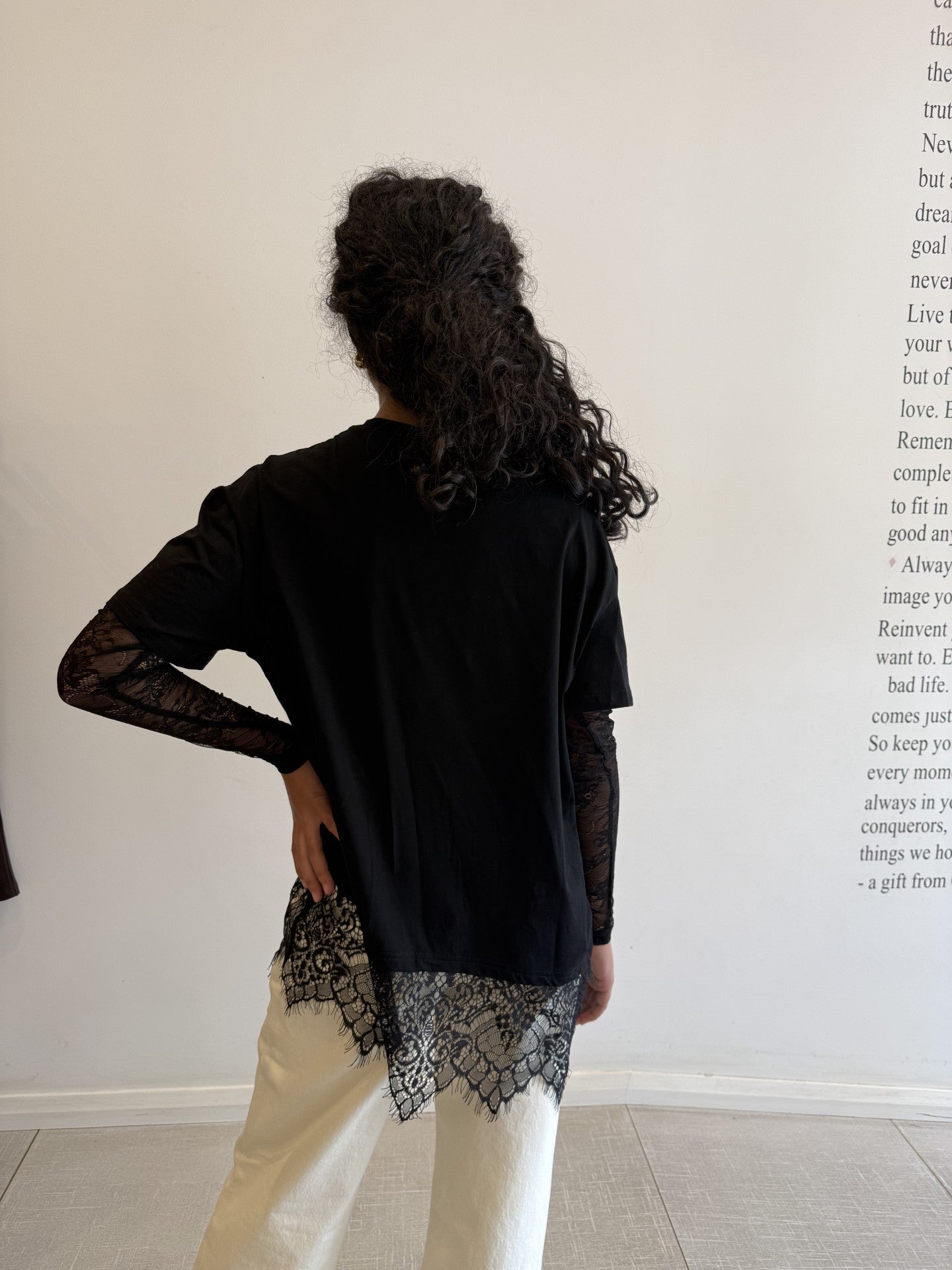 Lace sleeve tee, black