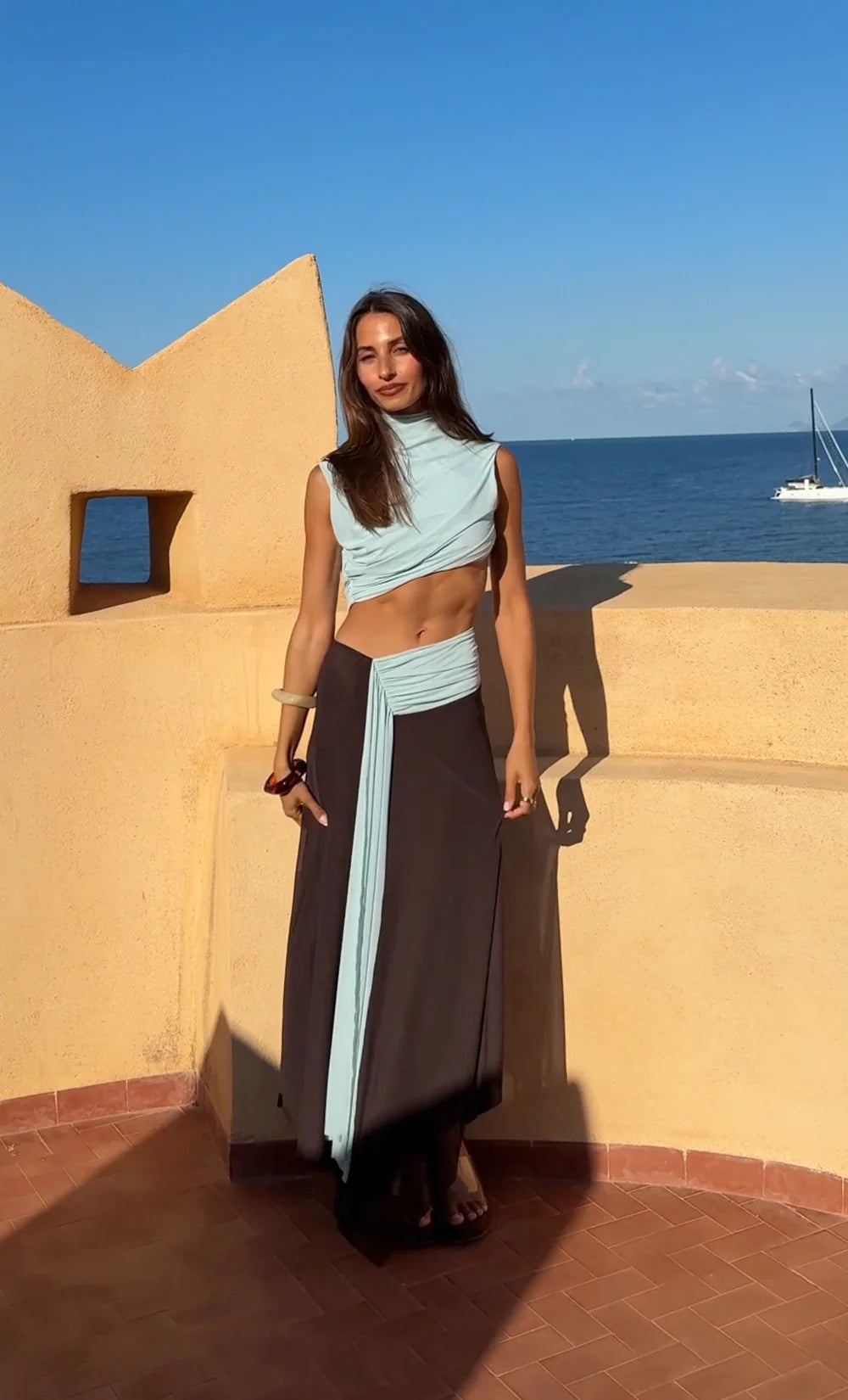 Conni asym midi dress, arctic blue/ dark choc