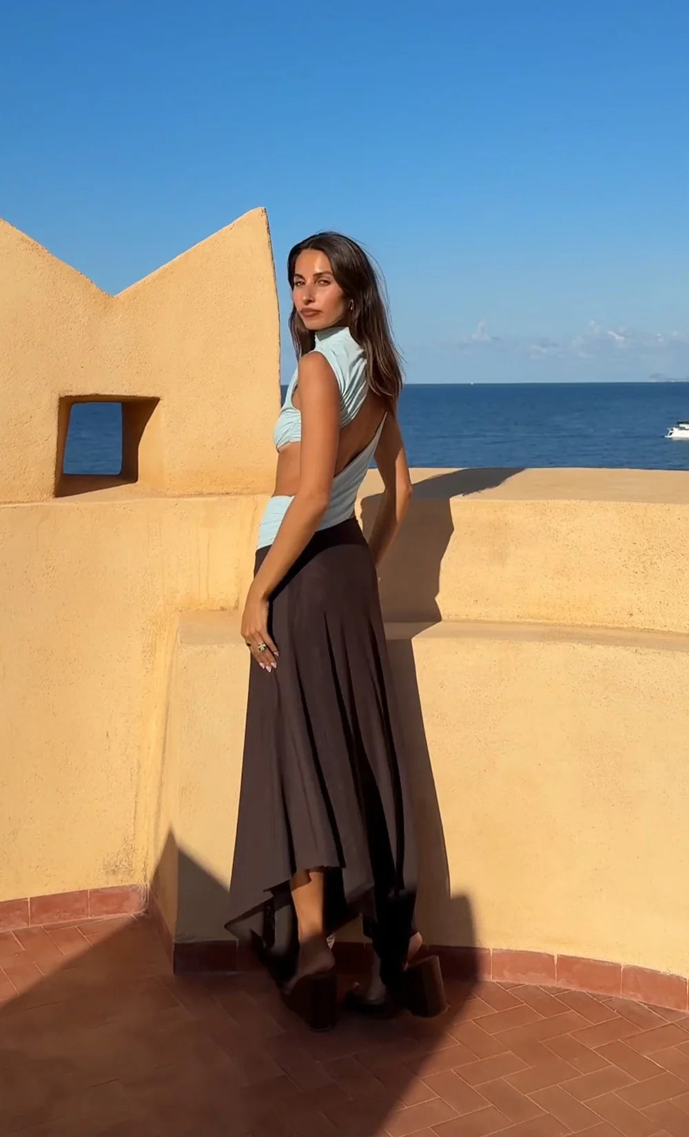 Conni asym midi dress, arctic blue/ dark choc
