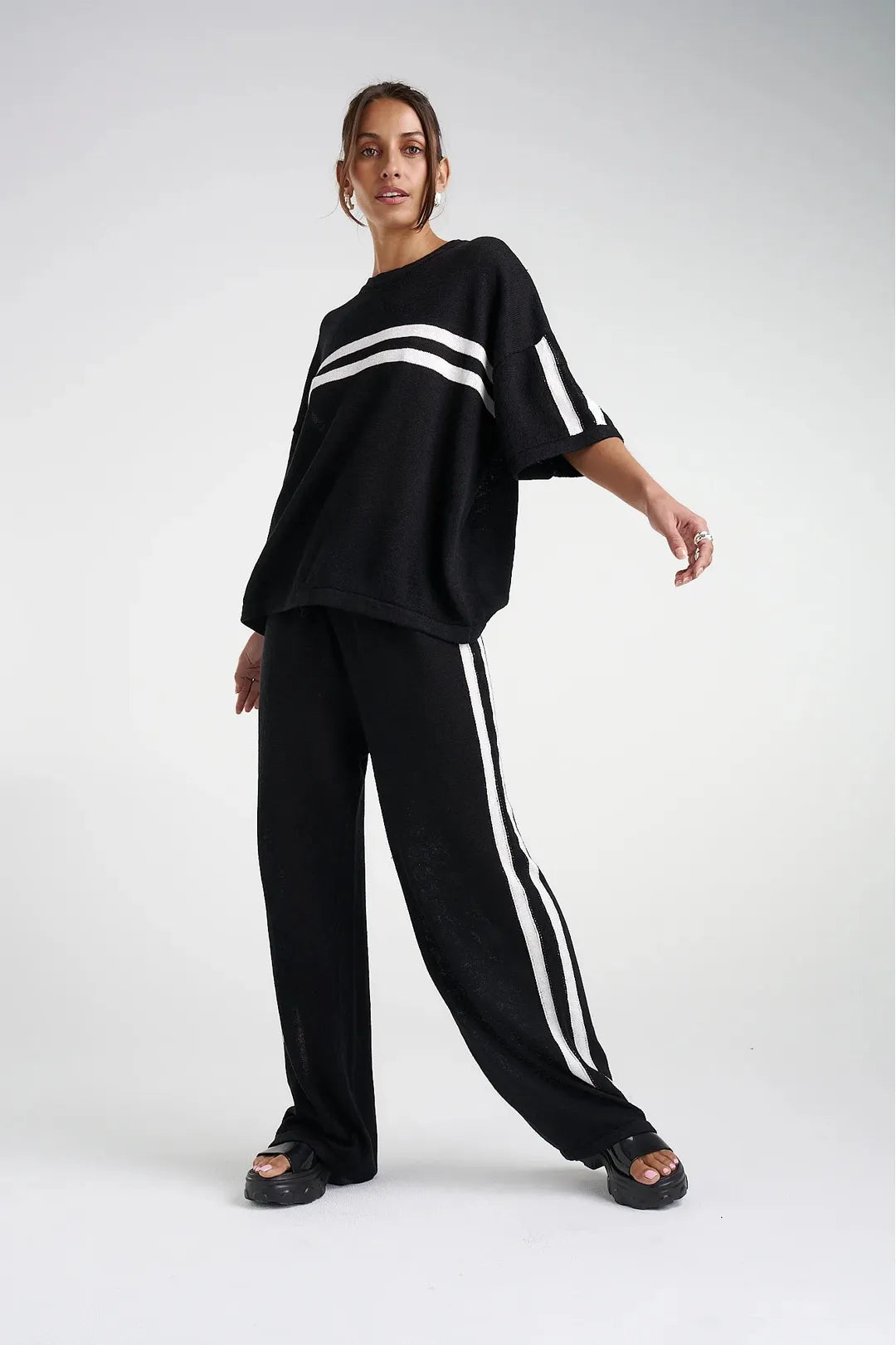 Knit pants, black/cream stripe