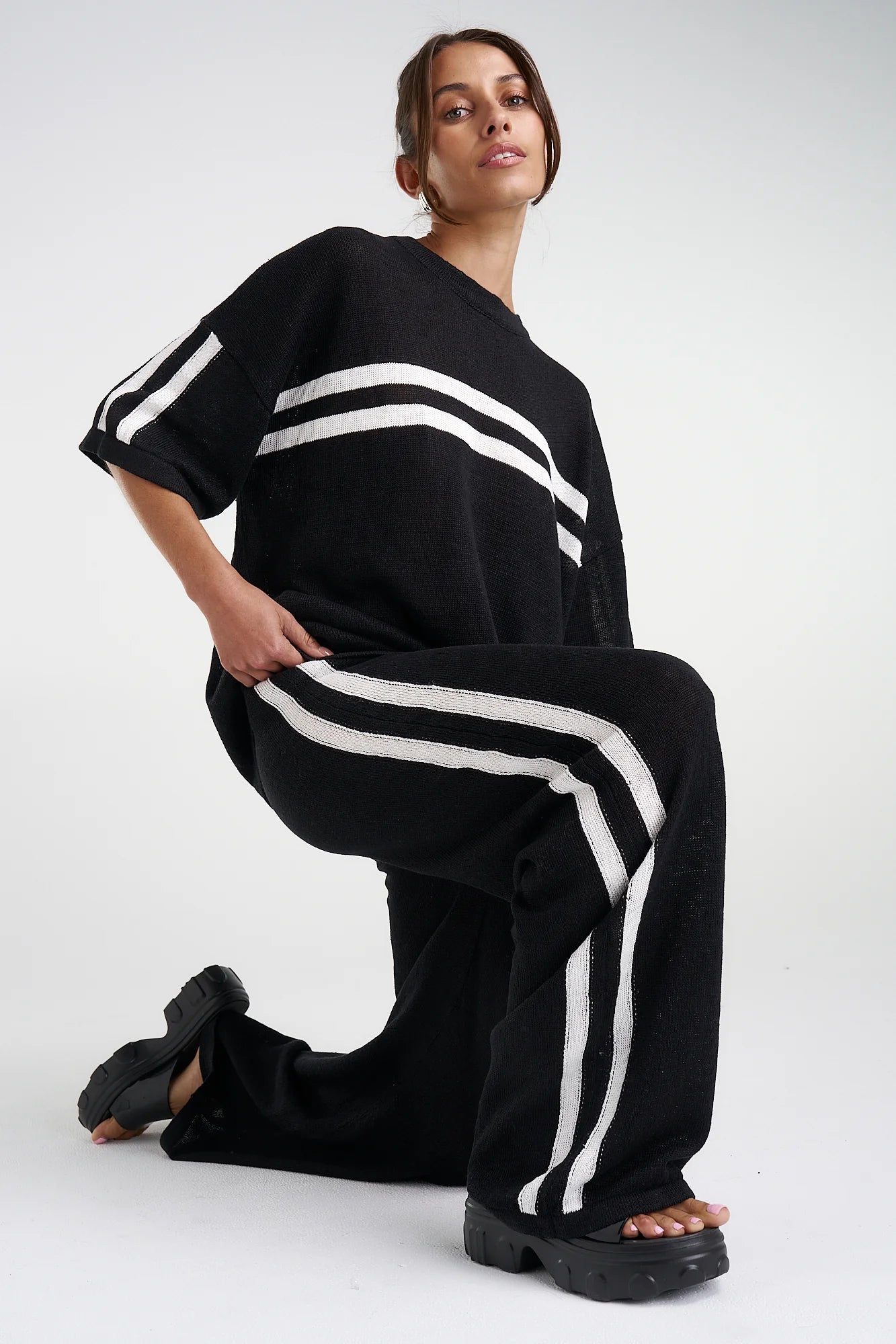 Knit pants, black/cream stripe