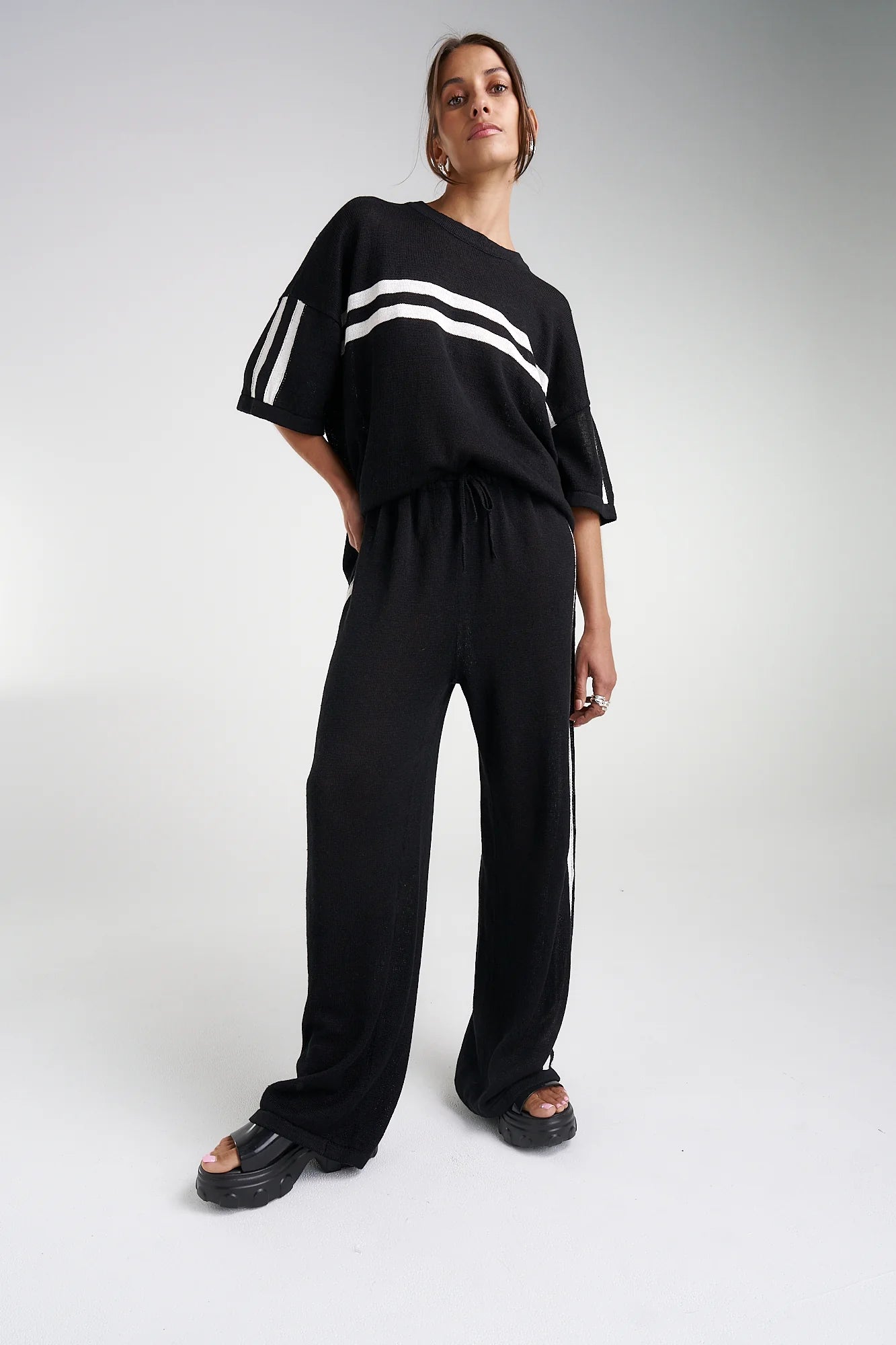 Knit pants, black/cream stripe