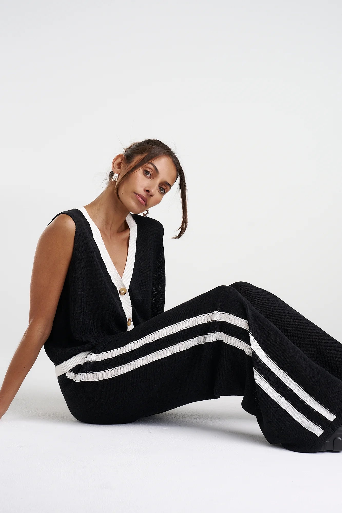 Knit pants, black/cream stripe