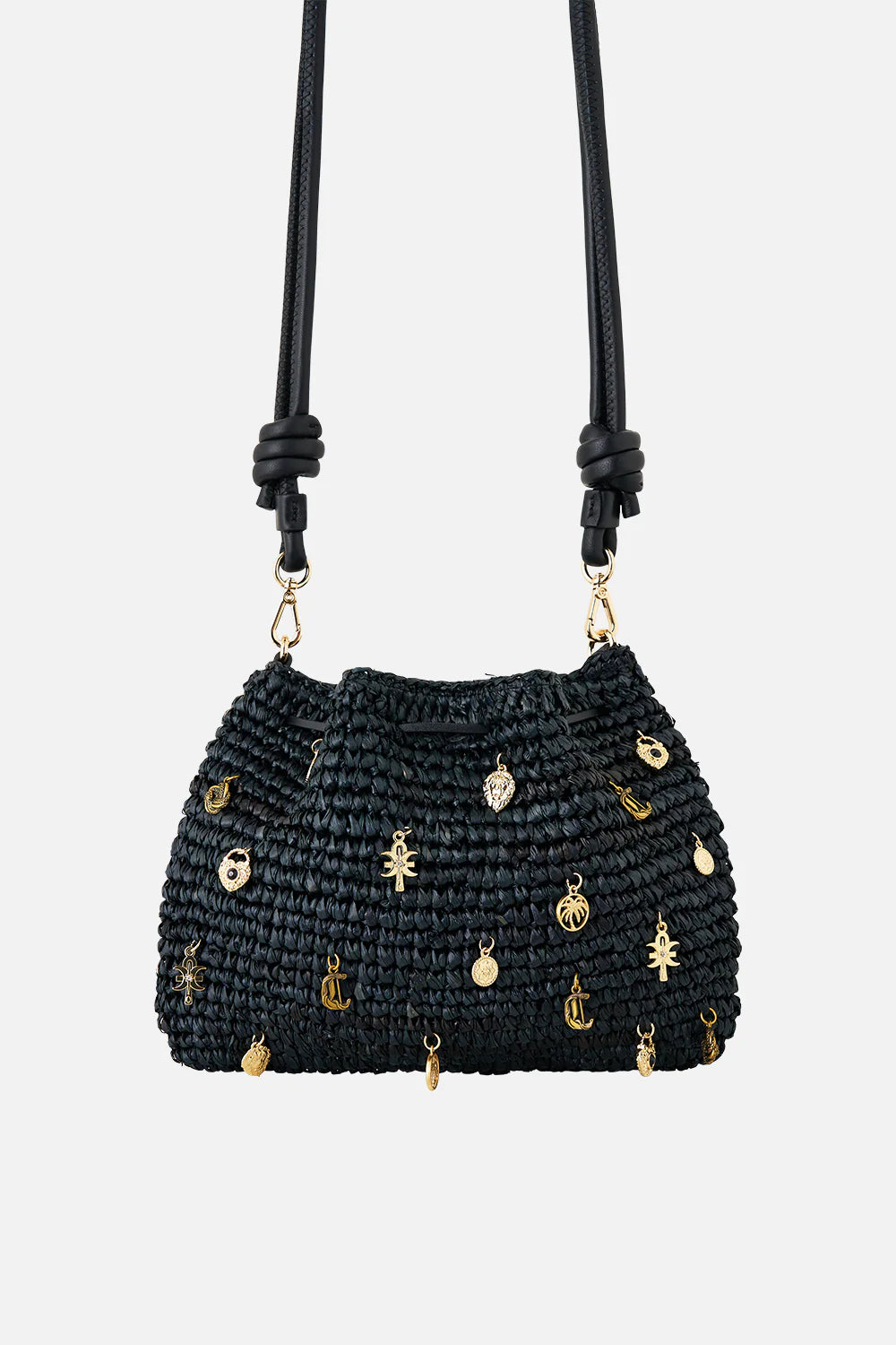 Raffia pouch bag with charms