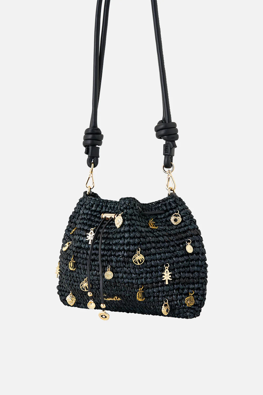 Raffia pouch bag with charms