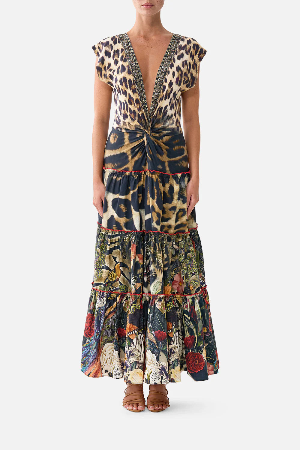 cap sleeve twist front midi dress, Leotigra land