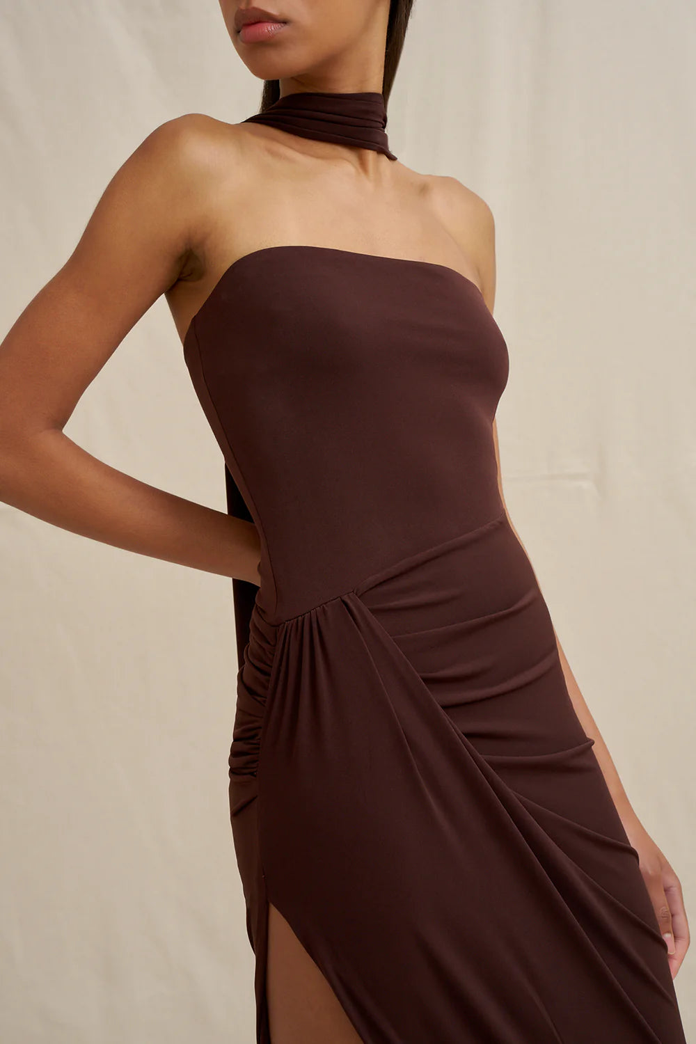 Claire strapless drape dress, brown