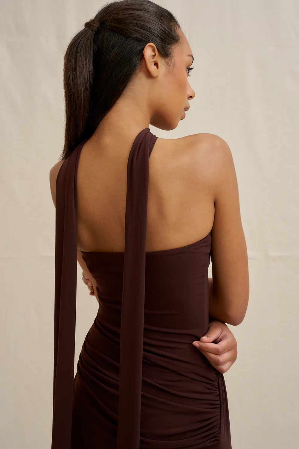 Claire strapless drape dress, brown