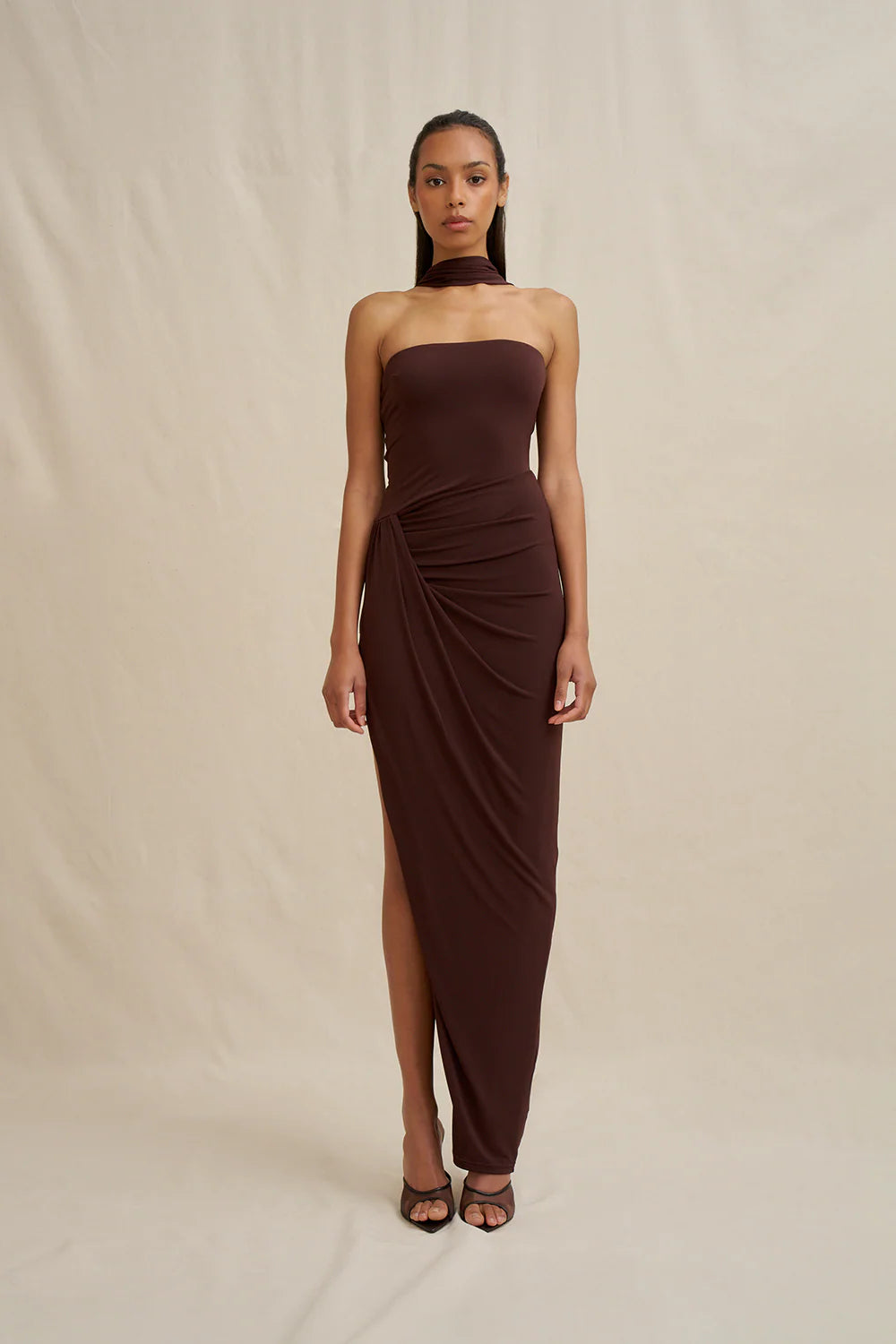 Claire strapless drape dress, brown