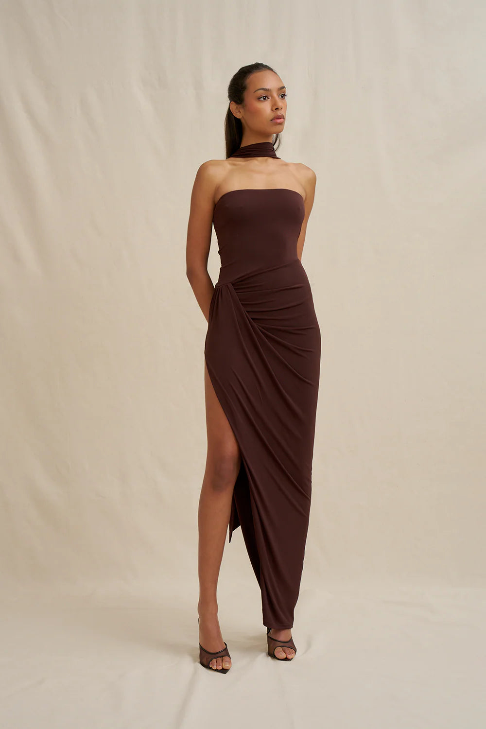 Claire strapless drape dress, brown