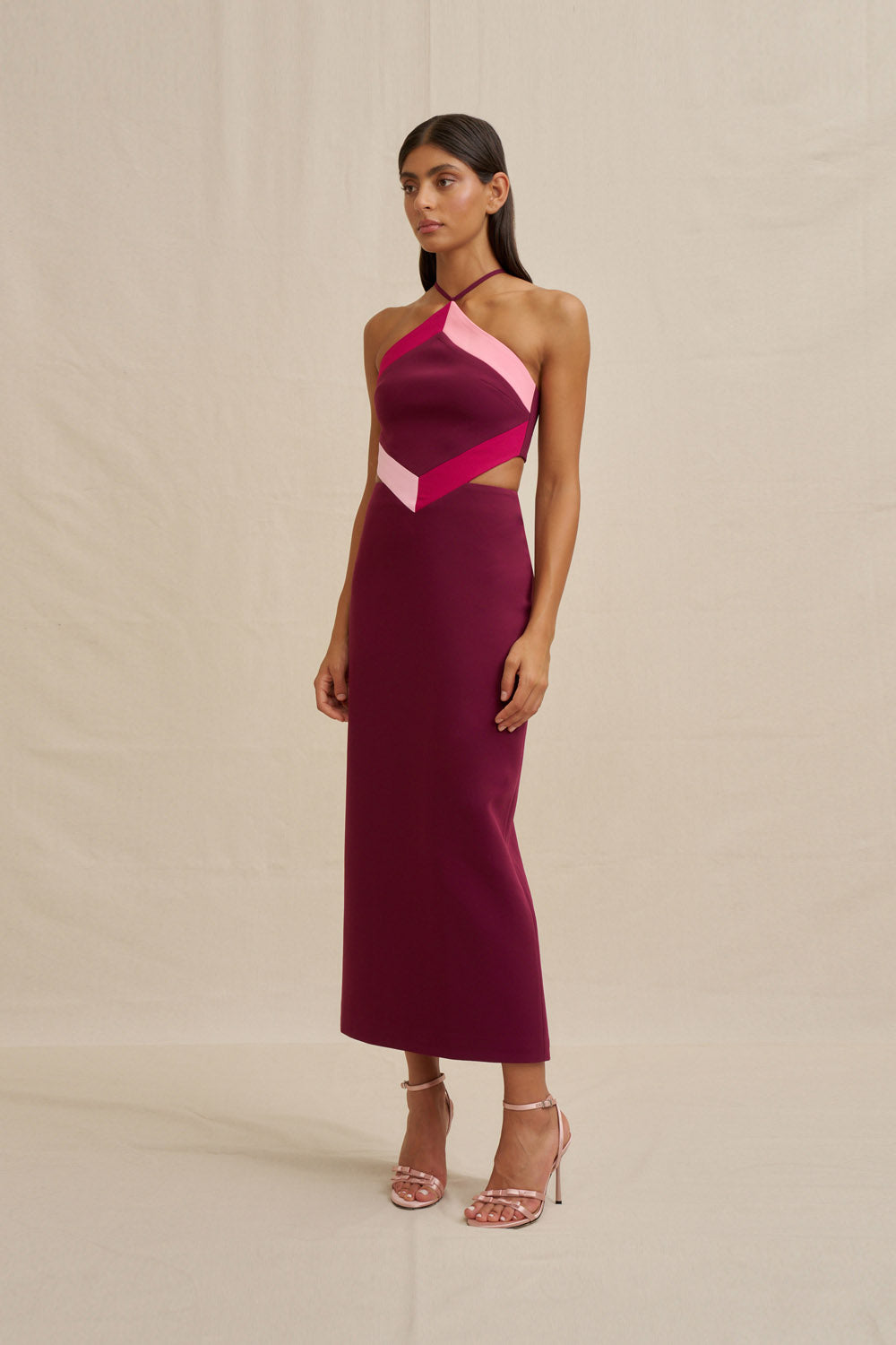 Diamond halter midi dress, wine/berry