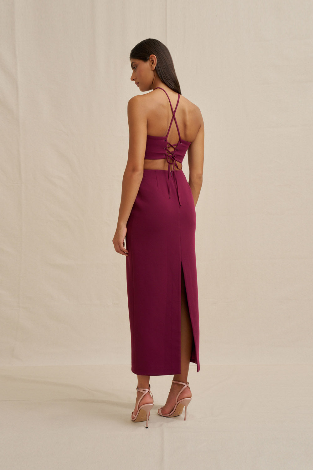 Diamond halter midi dress, wine/berry