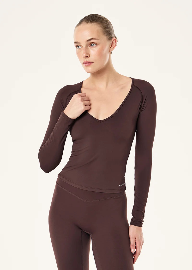 Foundation v neck long sleeve top, dark plum