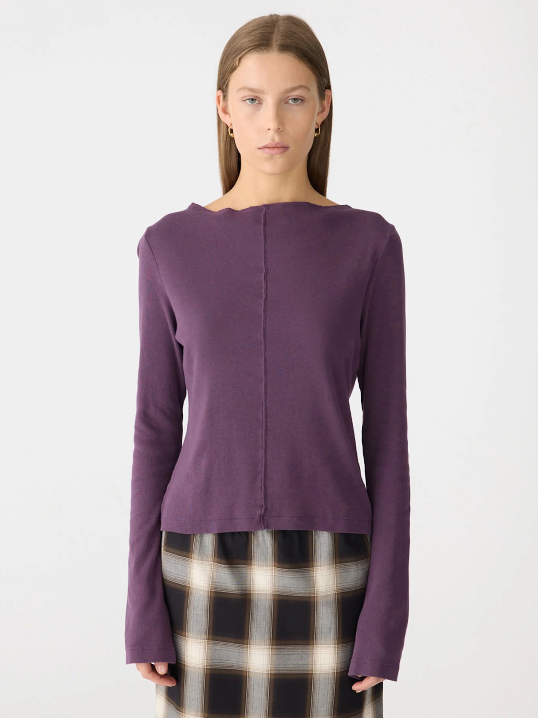 Front Seam Rib Long Sleeve T-Shirt, aubergine